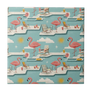 Retro Flamingo Poolside Summer Pattern (6) Ceramic Tile
