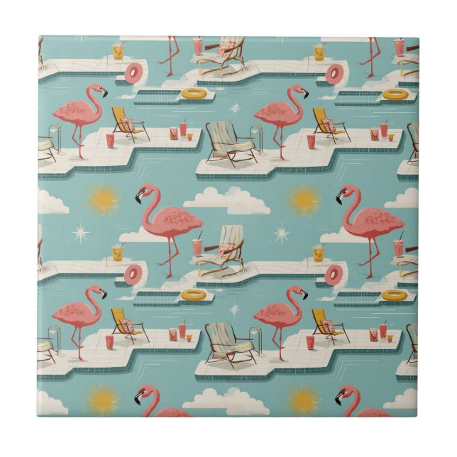 Retro Flamingo Poolside Summer Pattern (6) Ceramic Tile (Front)