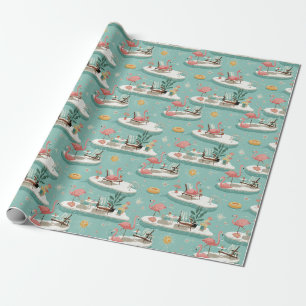 Retro Flamingo Poolside Summer Pattern (6) Wrapping Paper