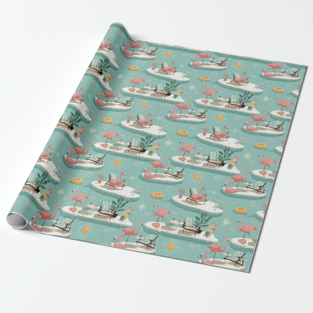 Retro Flamingo Poolside Summer Pattern (6) Wrapping Paper (Unrolled)