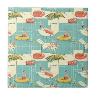 Retro Flamingo Poolside Summer Pattern (7) Ceramic Tile