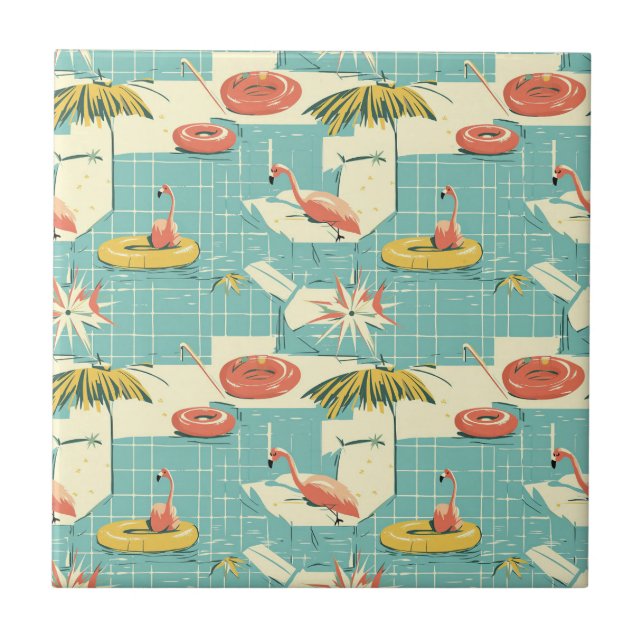 Retro Flamingo Poolside Summer Pattern (7) Ceramic Tile (Front)