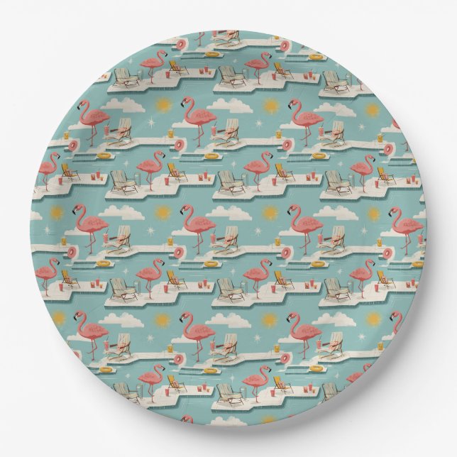 Retro Flamingo Poolside Summer Pattern (7) Paper Plate (Front)