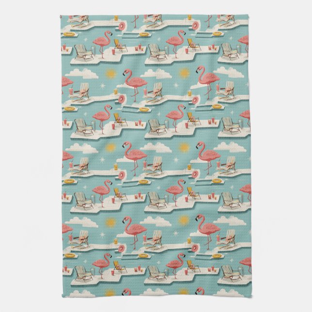 Retro Flamingo Poolside Summer Pattern (7) Tea Towel (Vertical)