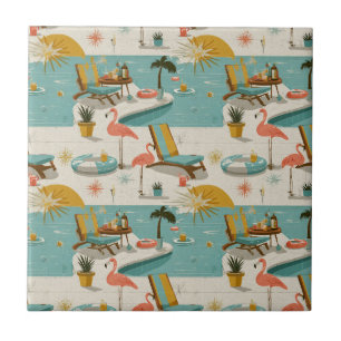Retro Flamingo Poolside Summer Pattern (8) Ceramic Tile