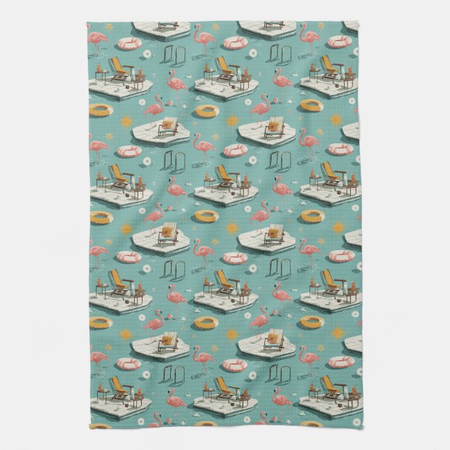 Retro Flamingo Poolside Summer Pattern (8) Tea Towel (Vertical)