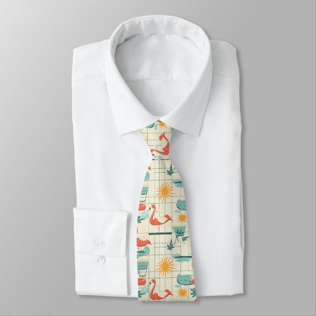 Retro Flamingo Poolside Summer Pattern (8) Tie (Tied)