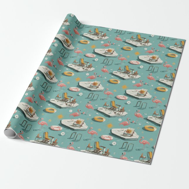 Retro Flamingo Poolside Summer Pattern (8) Wrapping Paper (Unrolled)