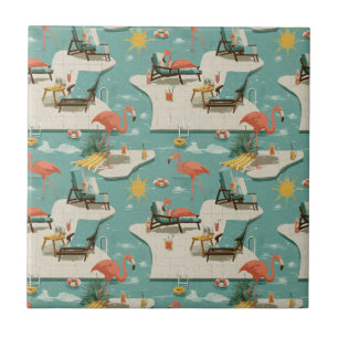 Retro Flamingo Poolside Summer Pattern (9) Ceramic Tile