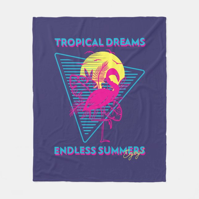 Retro Flamingo Sunset Synthwave Vibes Fleece Blanket (Front)