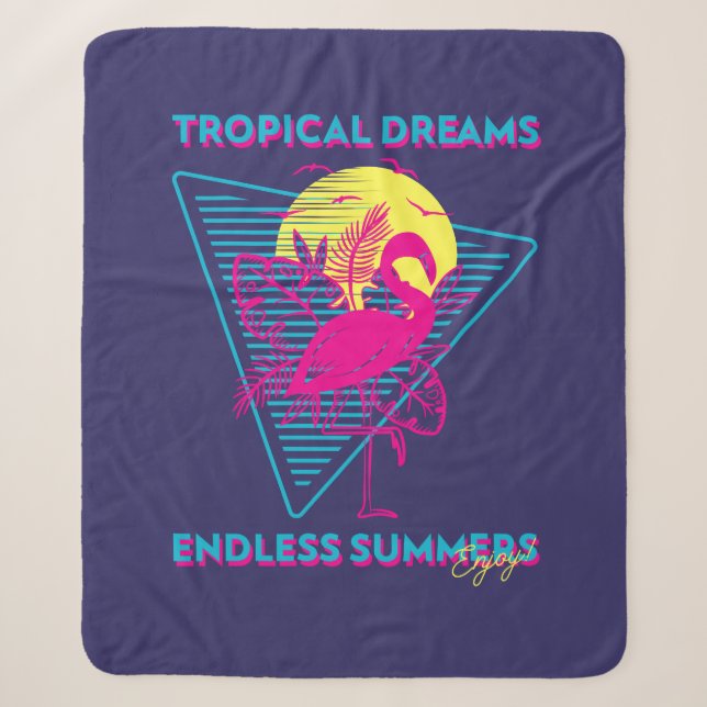 Retro Flamingo Sunset Synthwave Vibes Sherpa Blanket (Front)