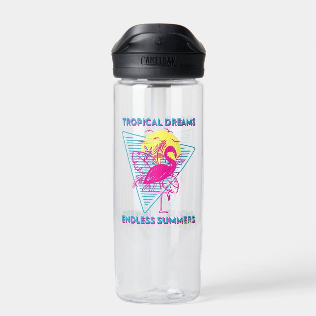 Retro Flamingo Sunset Synthwave Vibes Water Bottle (Back)