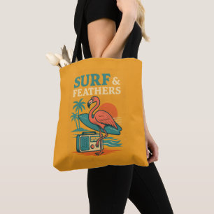 Retro Flamingo Surfboard Tropical Sunset Tote Bag