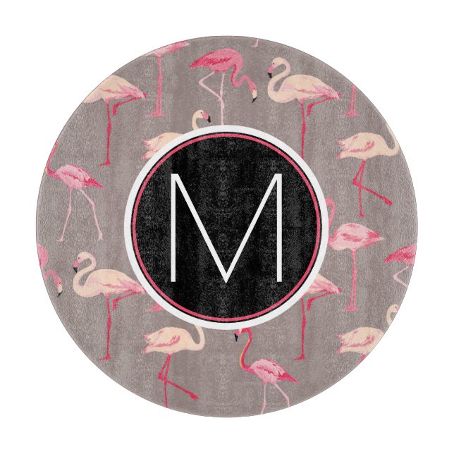 Retro Flamingos | Monogram Cutting Board (Front)
