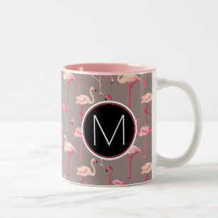 Retro Flamingos   Monogram Two-Tone Coffee Mug