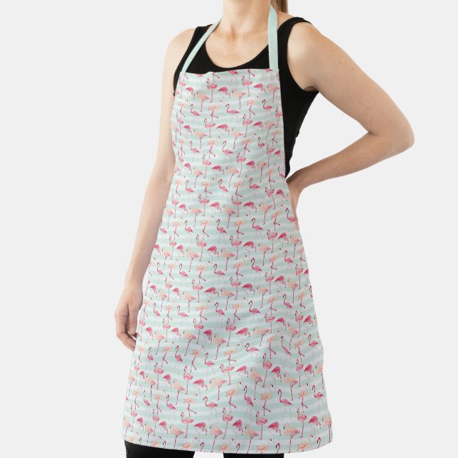 Retro Flamingos On Mint Stripes Apron (Insitu)