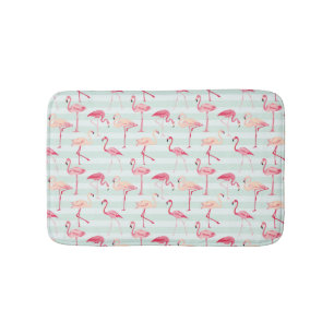 Retro Flamingos On Mint Stripes Bath Mat