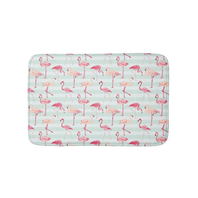 Retro Flamingos On Mint Stripes Bath Mat (Front)