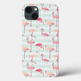 Retro Flamingos On Mint Stripes iPhone 13 Case