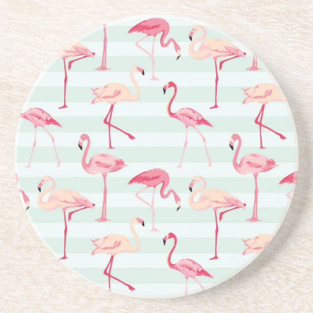 Retro Flamingos On Mint Stripes Coaster (Front)