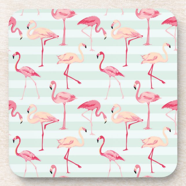 Retro Flamingos On Mint Stripes Coaster (Front)