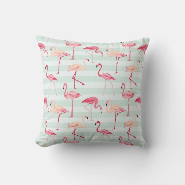 Retro Flamingos On Mint Stripes Cushion (Front)
