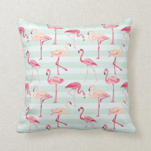 Retro Flamingos On Mint Stripes Cushion
