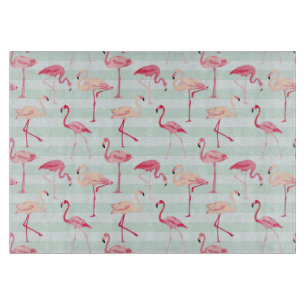 Retro Flamingos On Mint Stripes Cutting Board