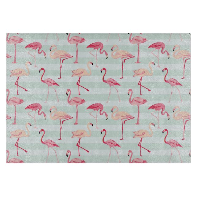 Retro Flamingos On Mint Stripes Cutting Board (Front)