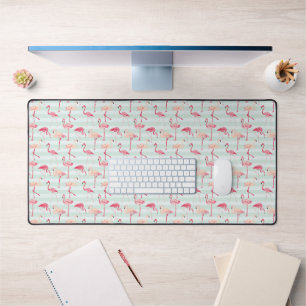 Retro Flamingos On Mint Stripes Desk Mat