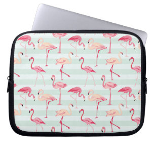 Retro Flamingos On Mint Stripes Laptop Sleeve