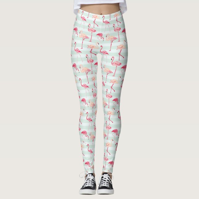 Retro Flamingos On Mint Stripes Leggings (Front)