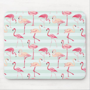 Retro Flamingos On Mint Stripes Mouse Pad