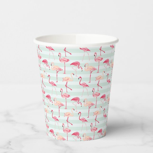 Retro Flamingos On Mint Stripes Paper Cups (Left)