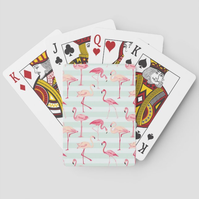 Retro Flamingos On Mint Stripes Playing Cards (Back)