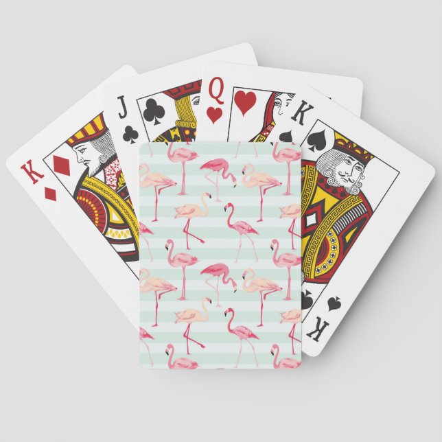Retro Flamingos On Mint Stripes Playing Cards (Back)