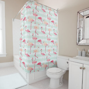 Retro Flamingos On Mint Stripes Shower Curtain