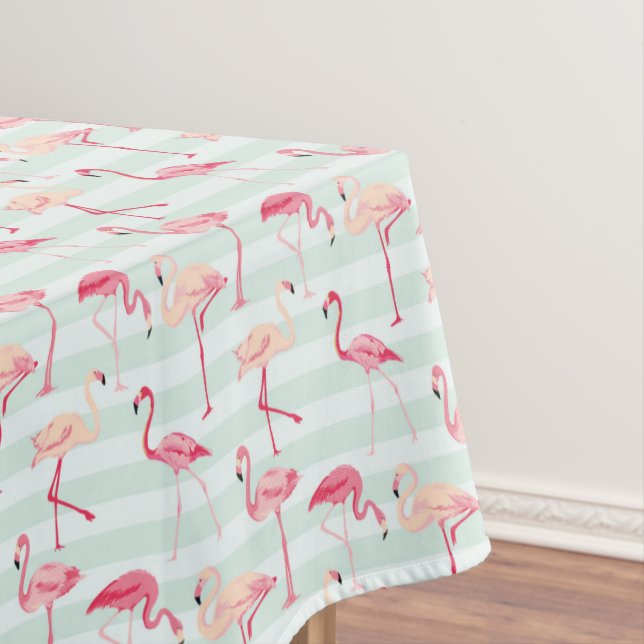 Retro Flamingos On Mint Stripes Tablecloth (In Situ)