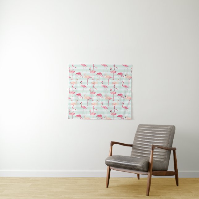Retro Flamingos On Mint Stripes Tapestry (In Situ (Horizontal))