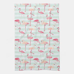 Retro Flamingos On Mint Stripes Tea Towel