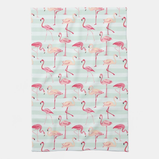 Retro Flamingos On Mint Stripes Tea Towel (Vertical)