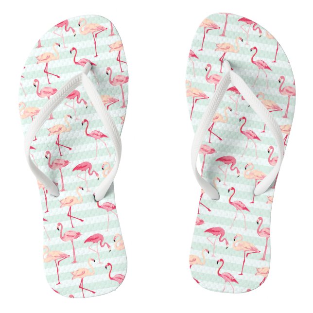 Retro Flamingos On Mint Stripes Thongs (Footbed)