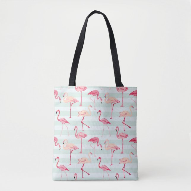 Retro Flamingos On Mint Stripes Tote Bag (Front)