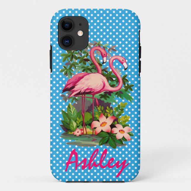 Retro Flamingos & Polka Dots Personlized Case-Mate iPhone Case (Back)