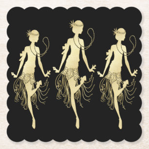 Retro Flappers Black Background Paper Coaster