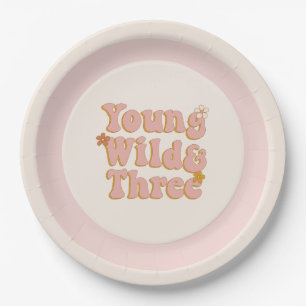 Retro Floral 3rd Birthday Young Wild & Three Paper Plate