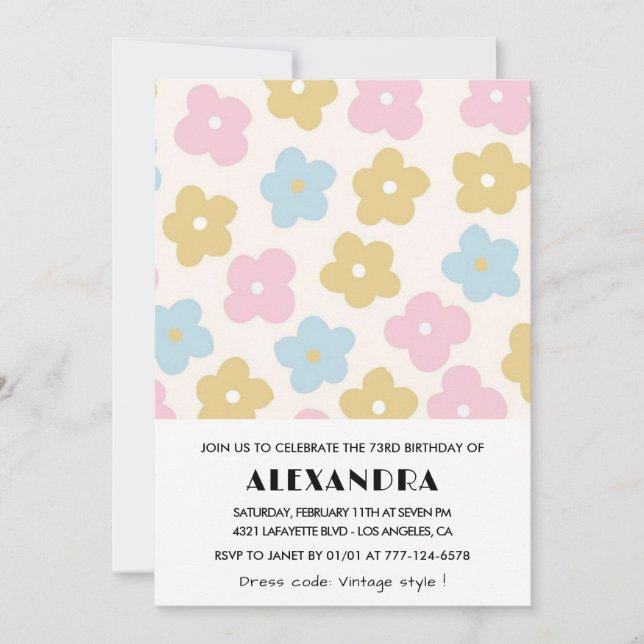 Retro Floral 73rd birthday invitations  (Front)