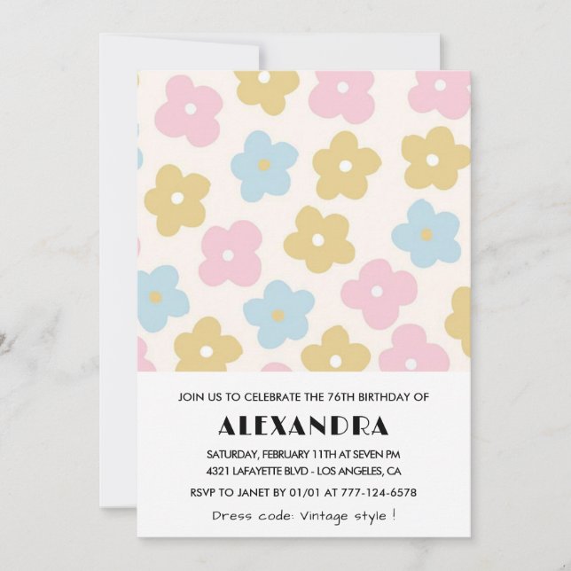 Retro Floral 76th birthday invitations  (Front)