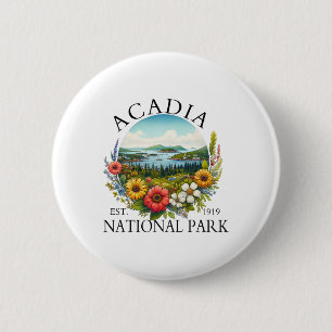 Retro Floral Acadia National Park Hiking Camping O 6 Cm Round Badge