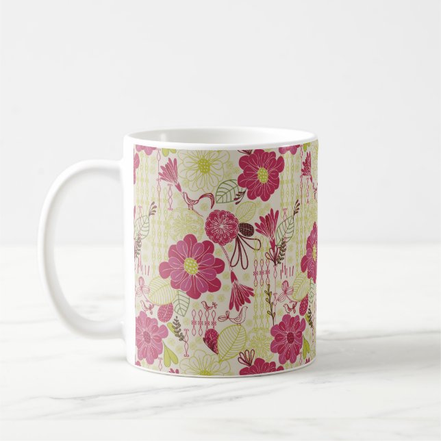 Retro Floral and Birds Sketch Pattern Coffee Mug (Left)